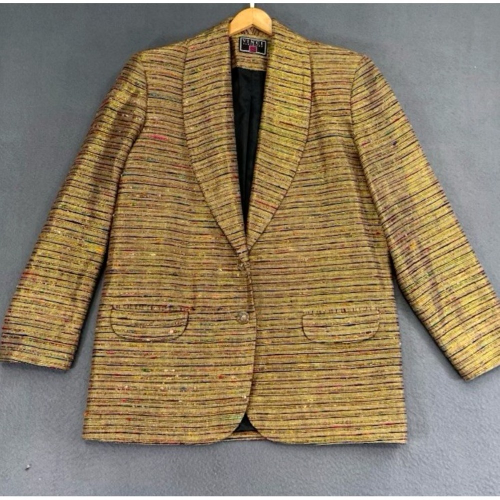 Vtg Vinci Blazer Womens Sz L Shiny Gold Textured Stripe‎ Fancy Party Jacket 80's